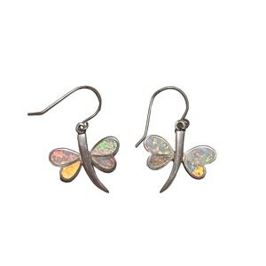 Vintage 925 Dragonfly Inlay Fire Opal Sterling Silver Hook Earrings Stamped MF
